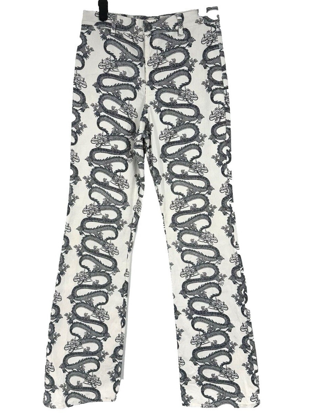 Motel Rocks Dragon White Flare Pants with Gray Abstract Print Denim